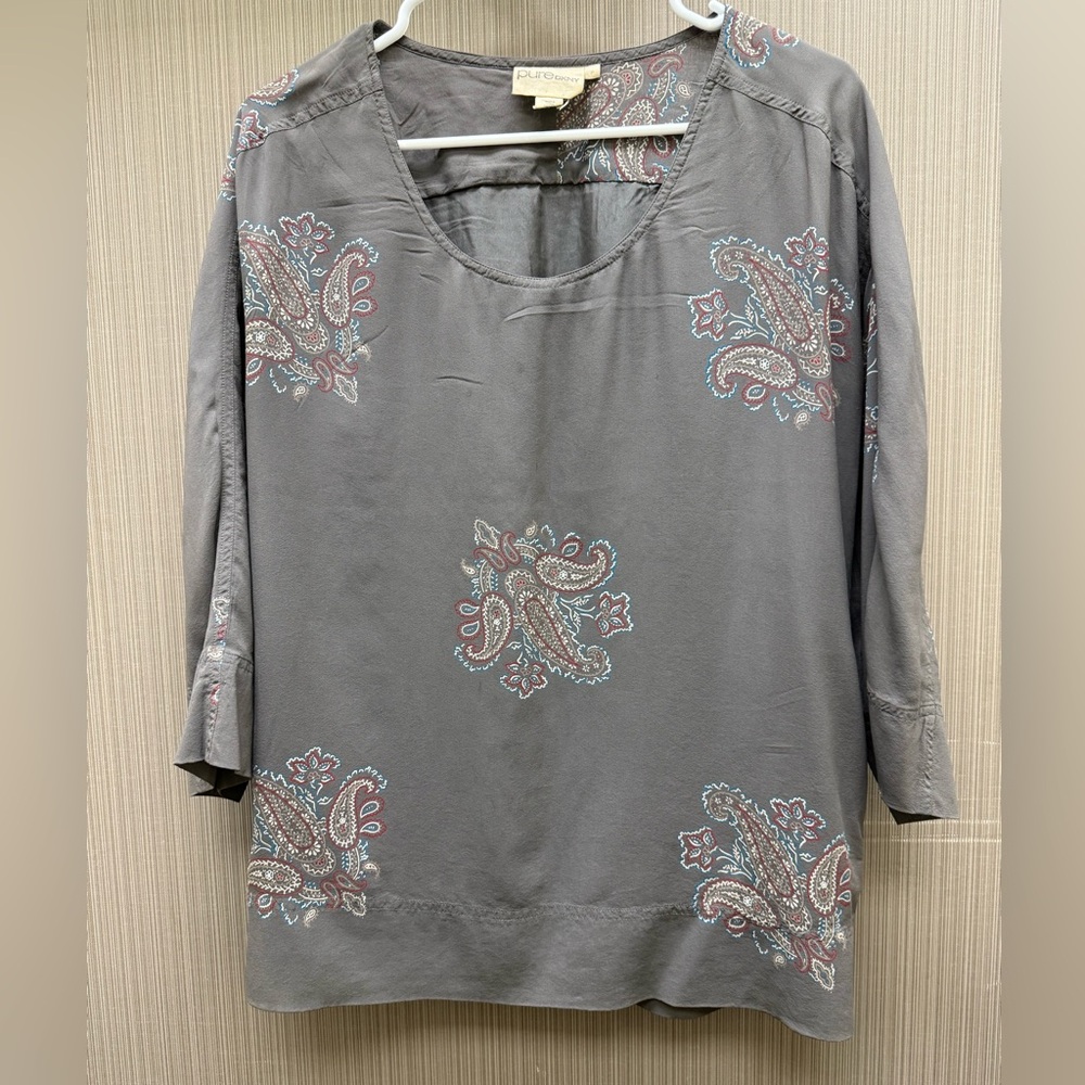 Pure DKNY Gray Paisley Women's Silk Tunic 3/4 Sleeves Size Petite